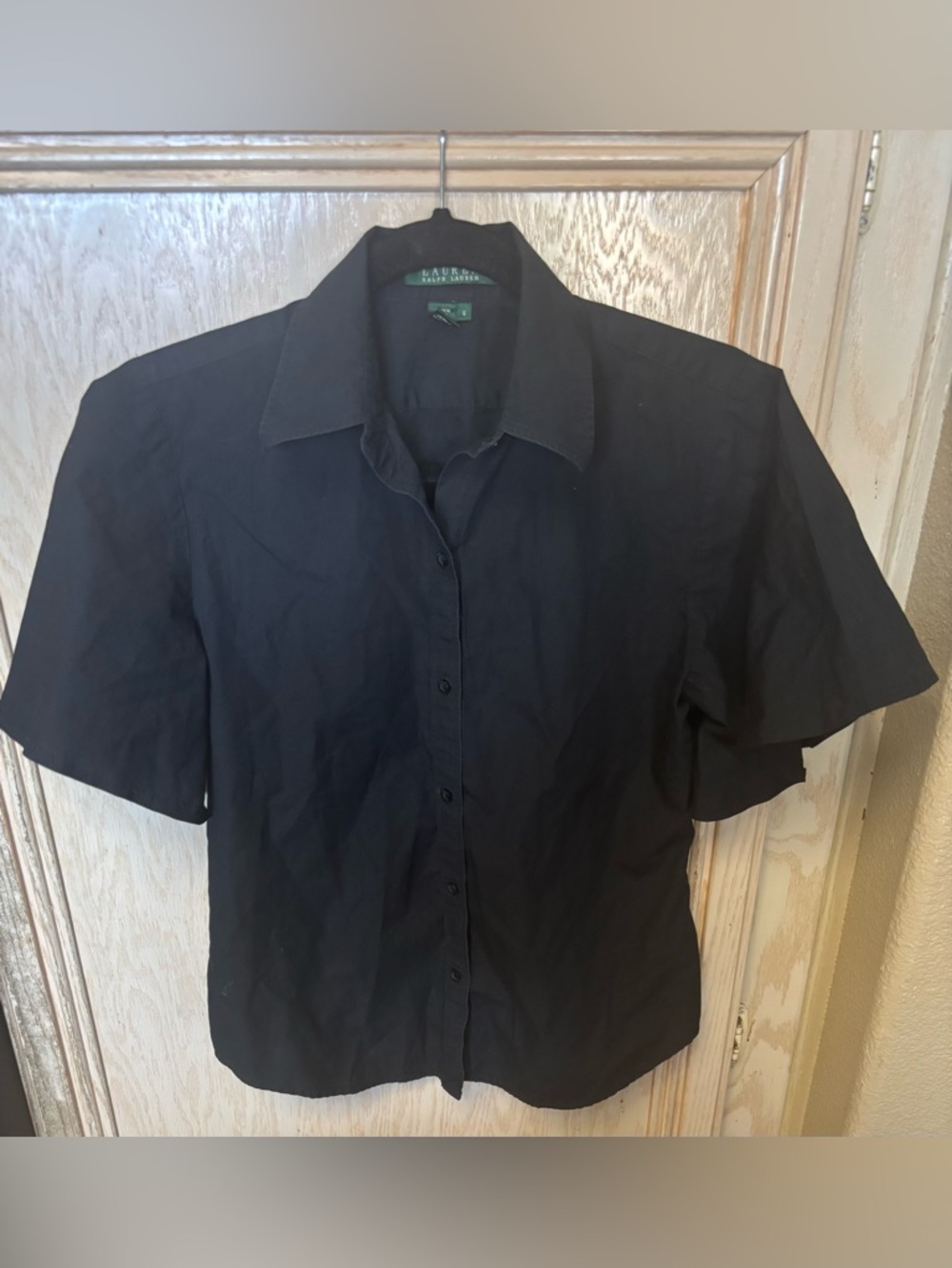Ralph Lauren Shirt Short Sleeve Button Down Women Sz S Black Preppy Cotton READ